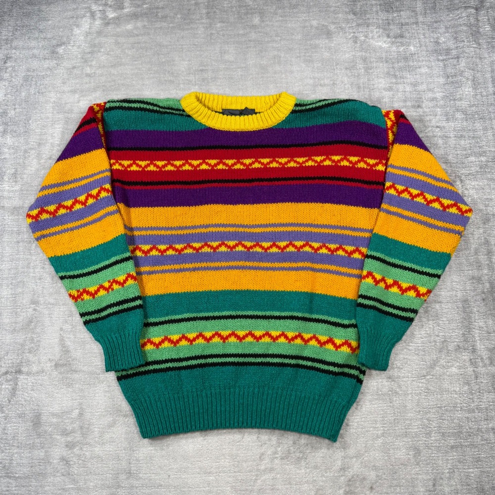 Lizwear Sweater Mens Small Multicolor Vintage 90s Geometric Knit Striped
